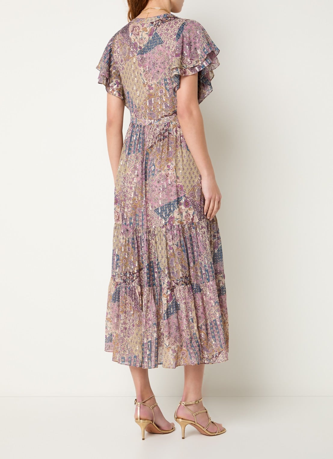 ba&sh Pareta midi blousejurk met bloemenprint en lurex - achterkant 4 paars