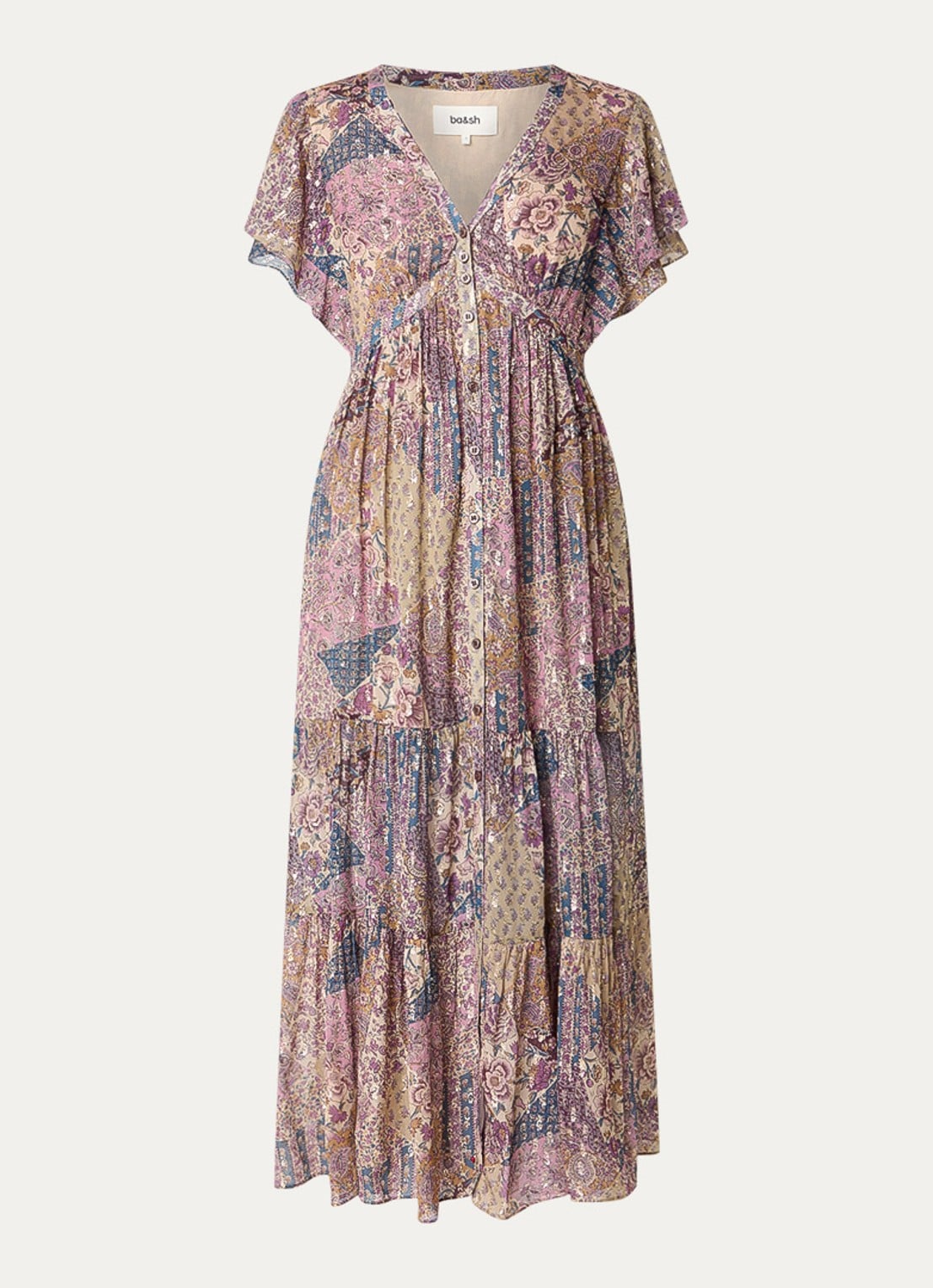 ba&sh Pareta midi blousejurk met bloemenprint en lurex - voorkant 2 paars