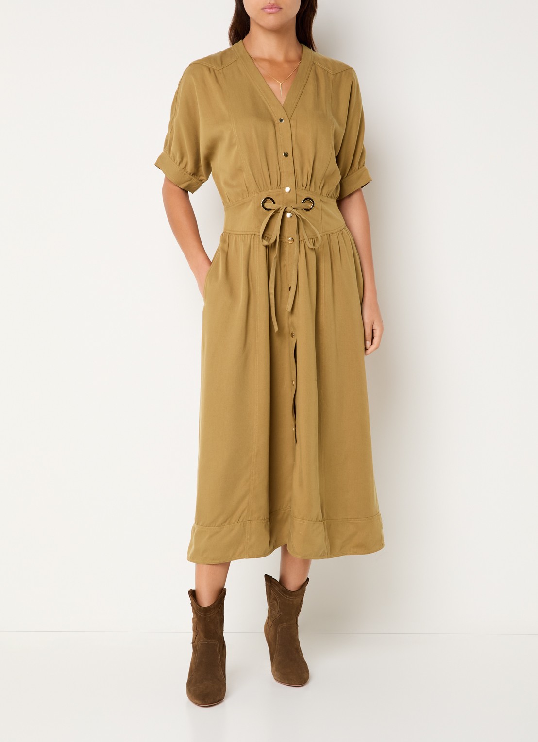 ba&sh Parisa maxi jurk met steekzakken - detail camel