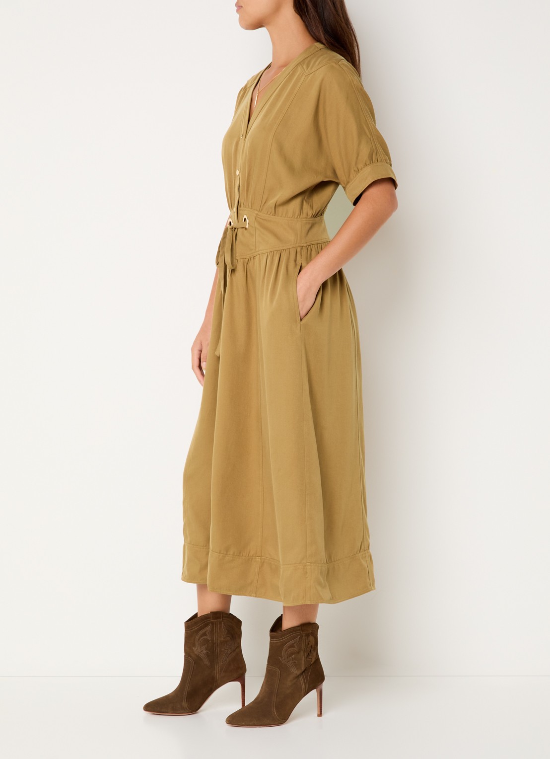 ba&sh Parisa maxi jurk met steekzakken - voorkant 3 camel