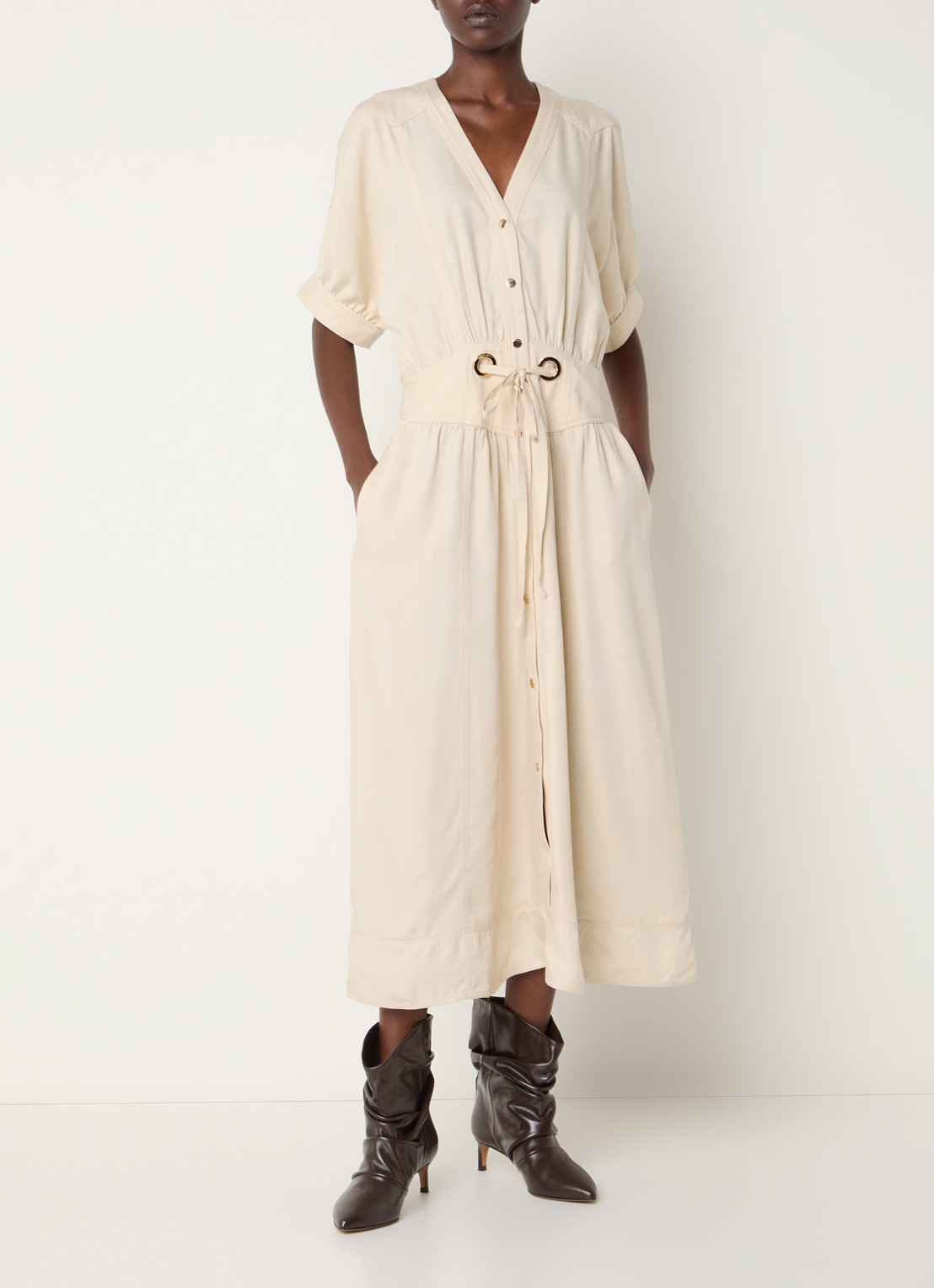 ba&sh Parisa maxi jurk met steekzakken - detail beige