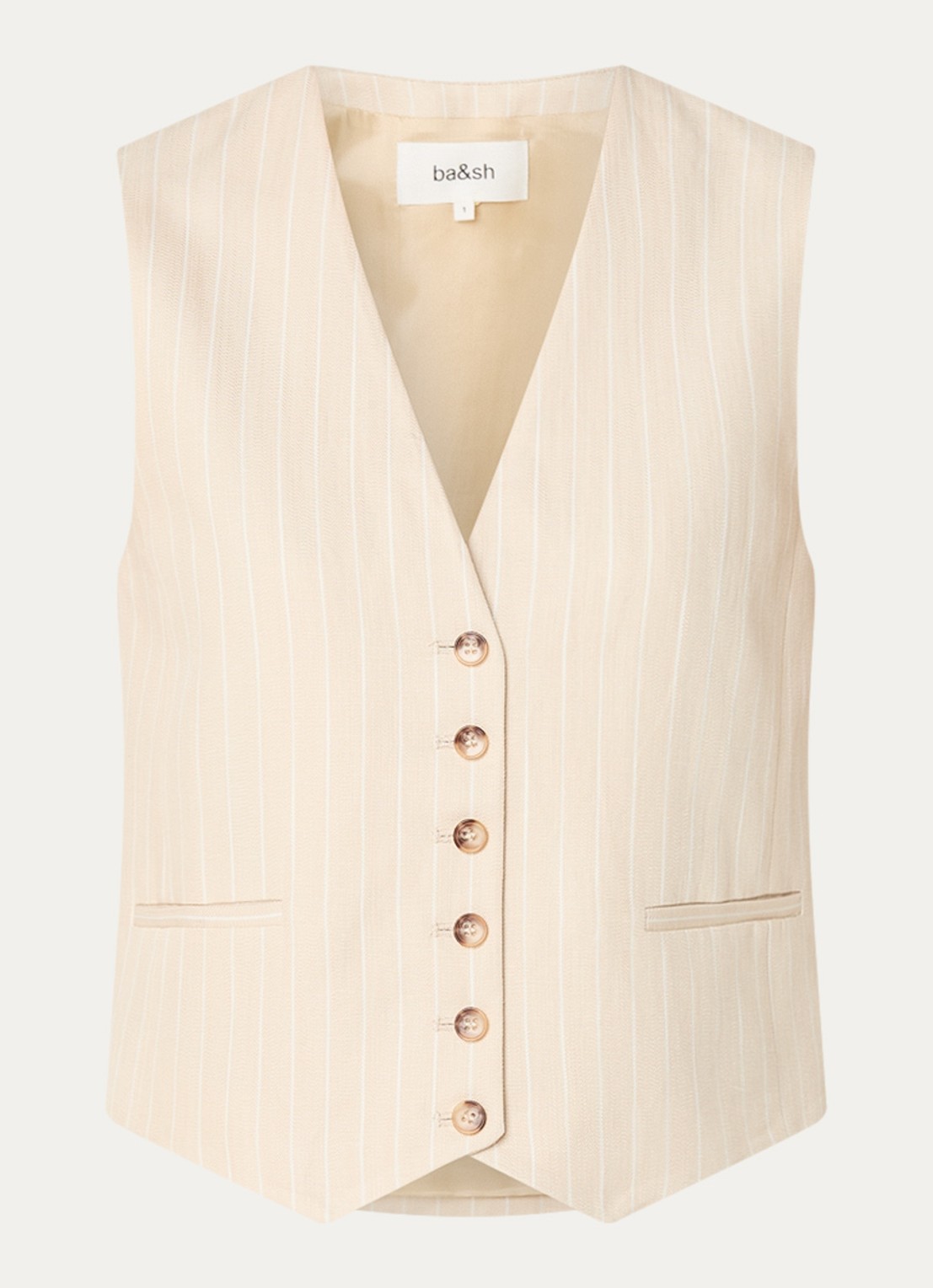 ba&sh Patsy gilet in linnenblend met streepprint - voorkant beige