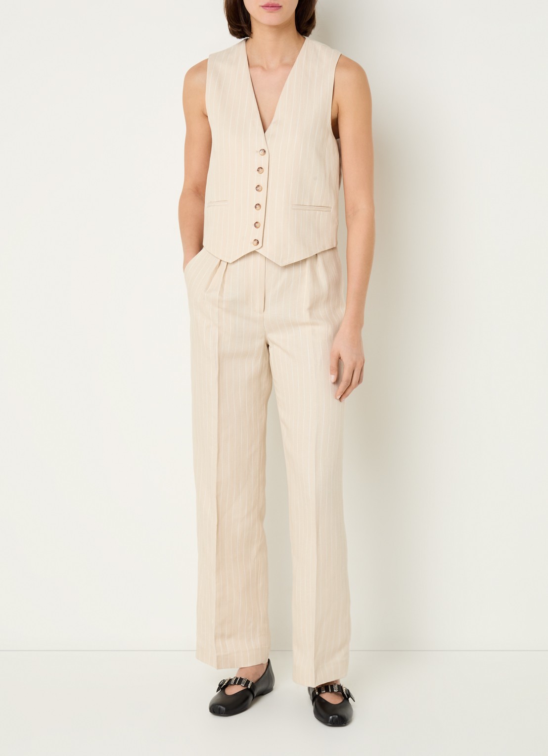 ba&sh Patsy gilet in linnenblend met streepprint - voorkant 2 beige