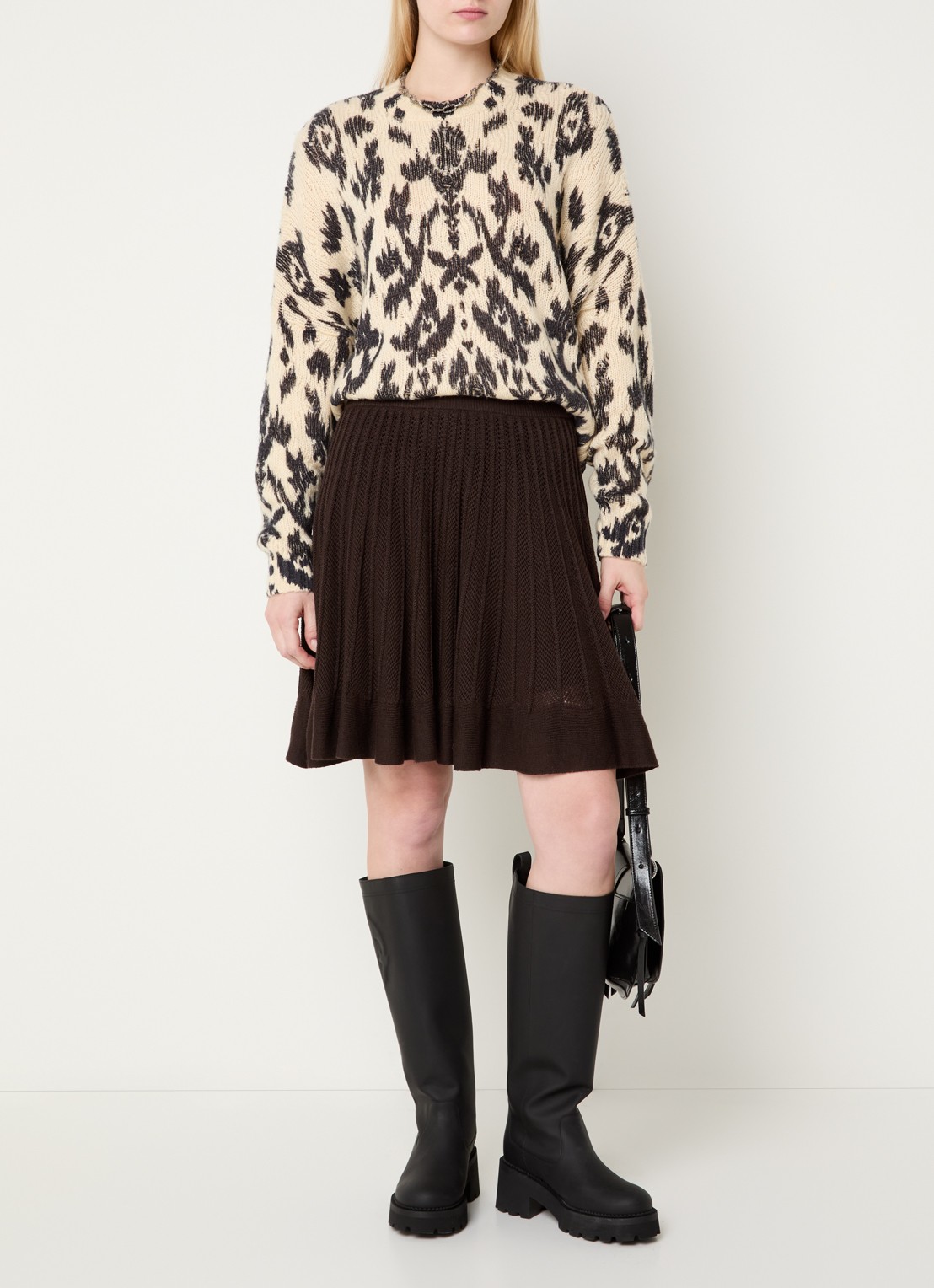 ba&sh Pauze grofgebreide pullover in wolblend met panterprint - voorkant 2 beige