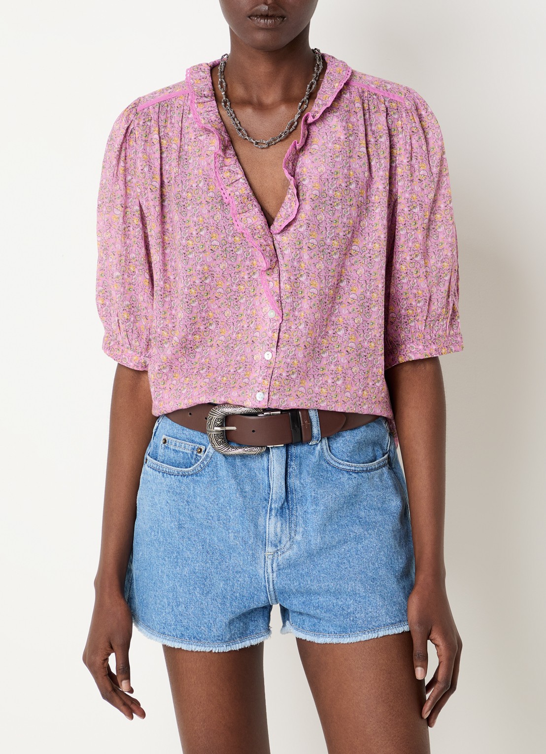 ba&sh Physalys blouse met bloemenprint - detail roze