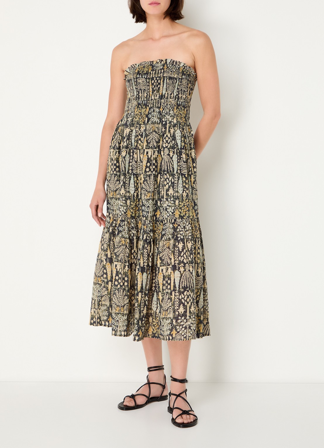 ba&sh Piala off shoulder midi jurk met bladprint en smockwerk - detail 4 mosgroen