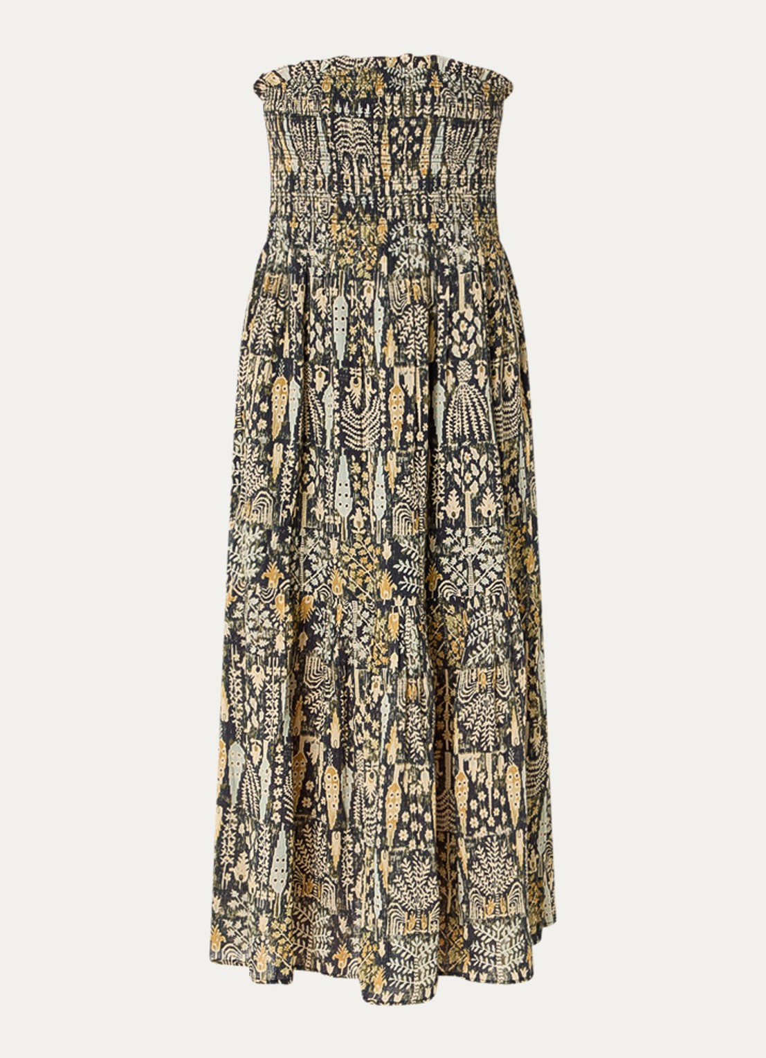 ba&sh Piala off shoulder midi jurk met bladprint en smockwerk - voorkant 2 mosgroen