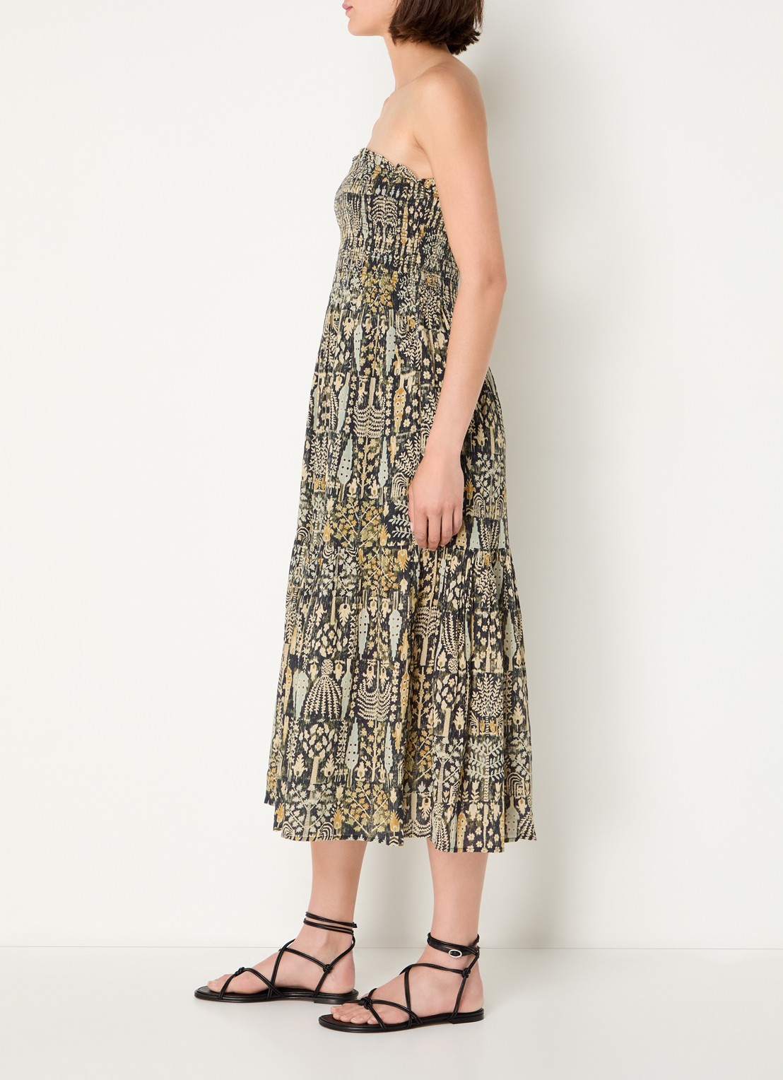 ba&sh Piala off shoulder midi jurk met bladprint en smockwerk - voorkant 3 mosgroen