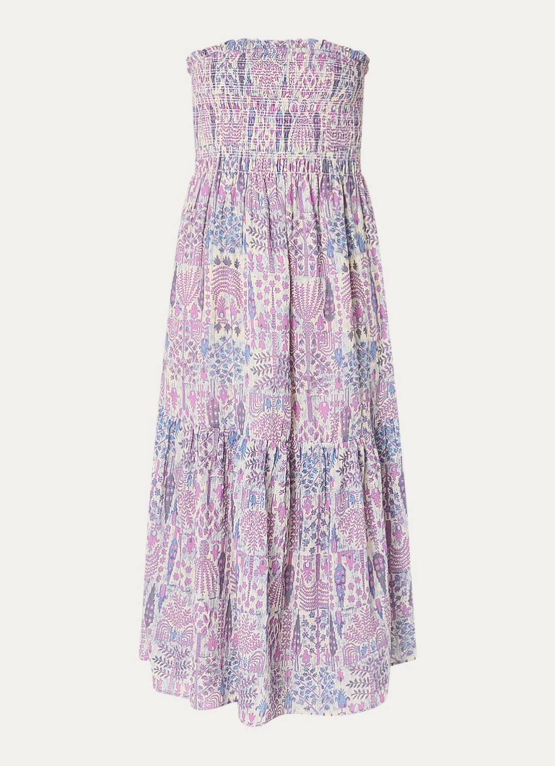 ba&sh Piala off shoulder midi jurk met bladprint en smockwerk - voorkant 2 roze