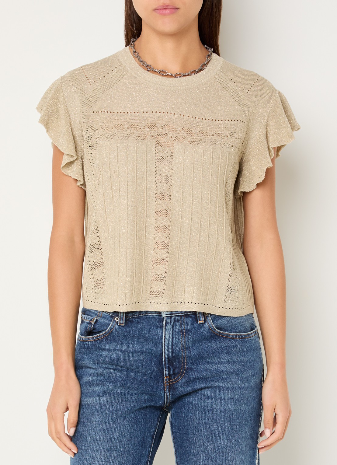 ba&sh Piera top met lurex en opengewerkt dessin - detail goud