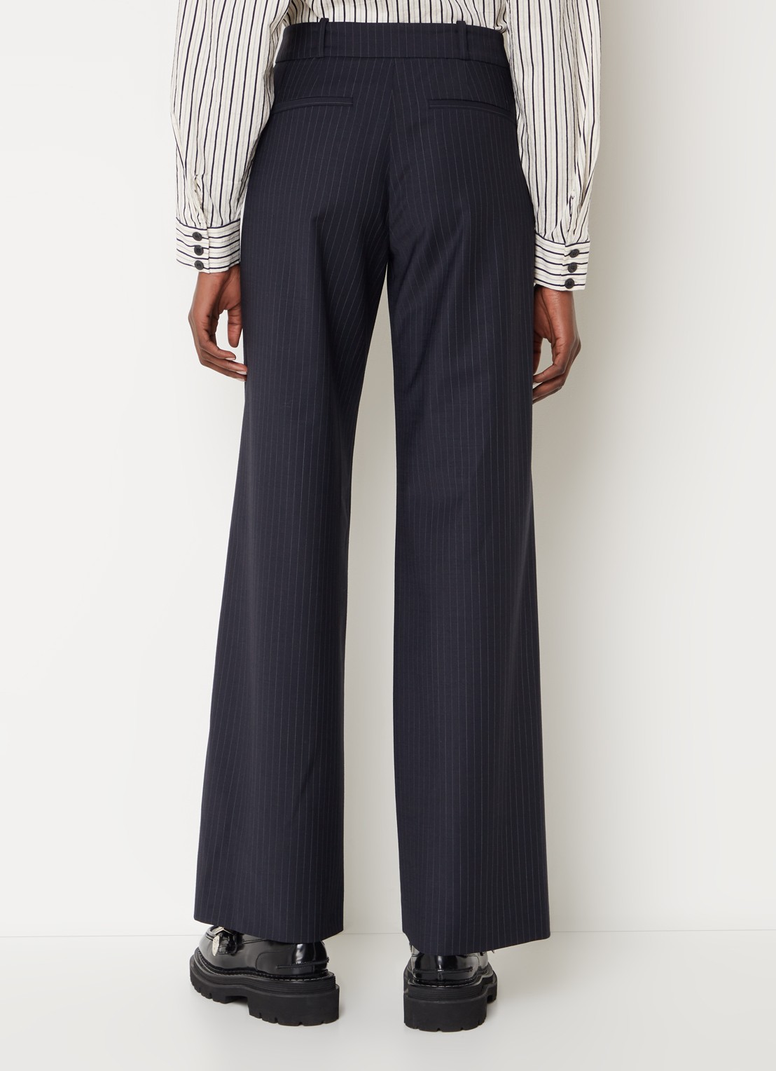 ba&sh Pistachio high waist wide fit pantalon in wolblend met krijtstreep - achterkant 3 donkerblauw