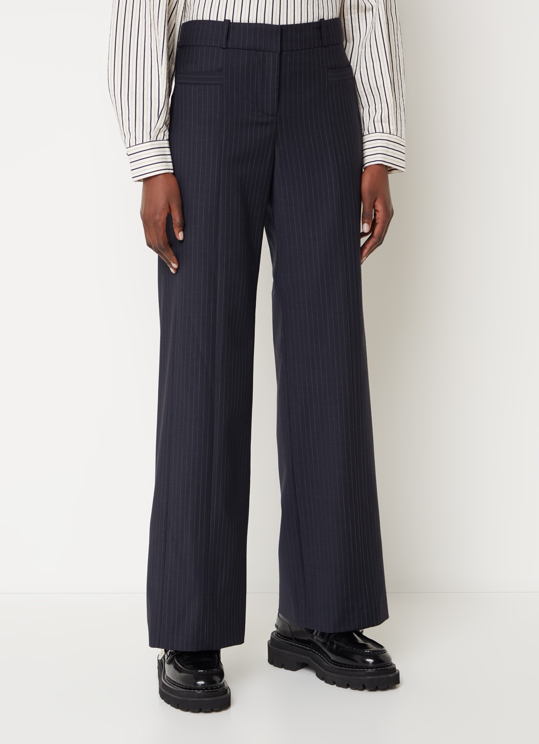 ba&sh Pistachio high waist wide fit pantalon in wolblend met krijtstreep - detail donkerblauw
