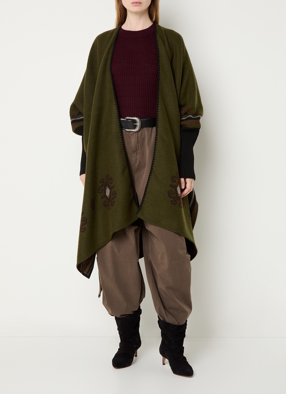 ba&sh Pongo poncho in wolblend met ingebreid patroon - detail 3 mosgroen