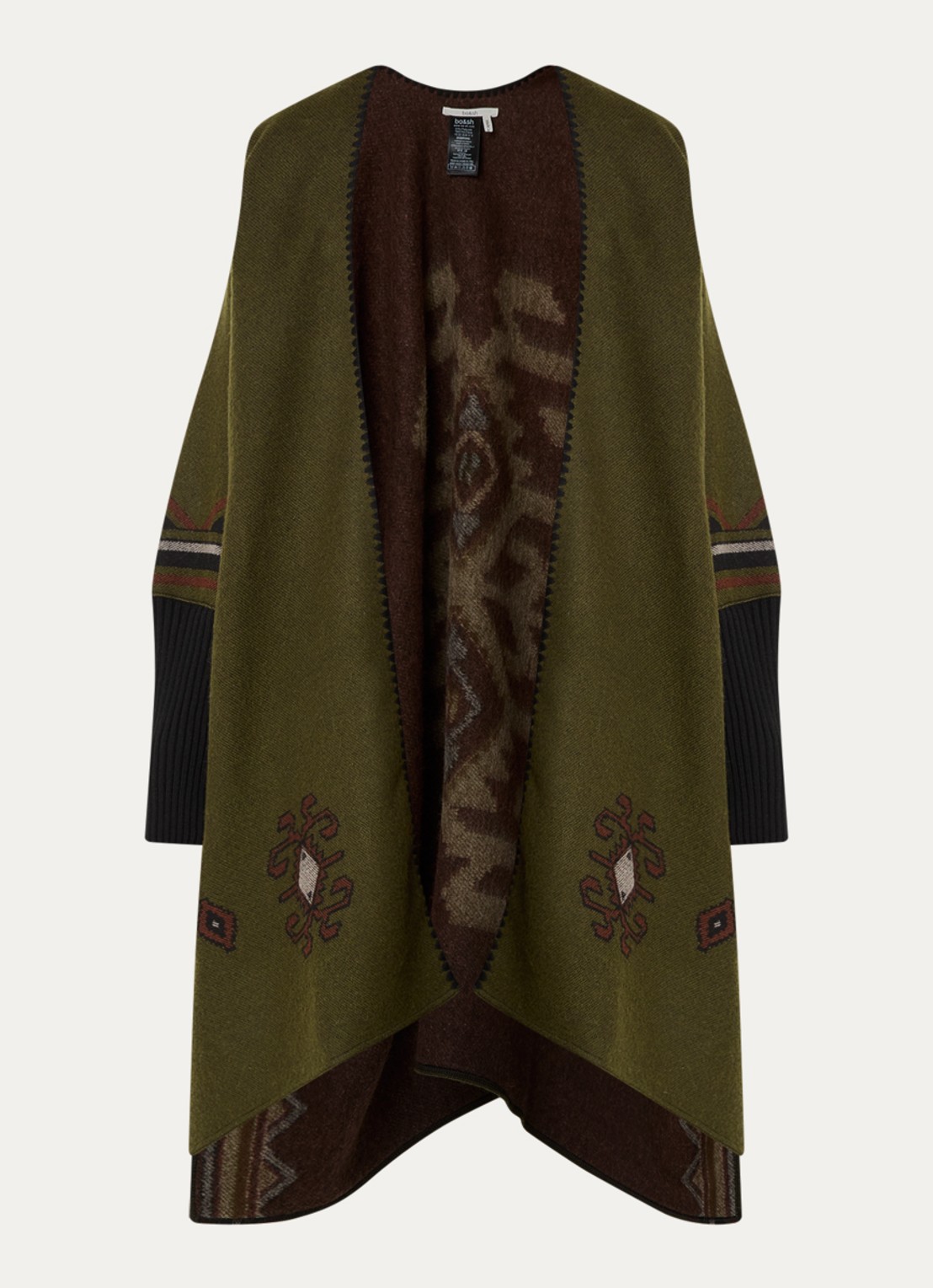 ba&sh Pongo poncho in wolblend met ingebreid patroon - voorkant mosgroen
