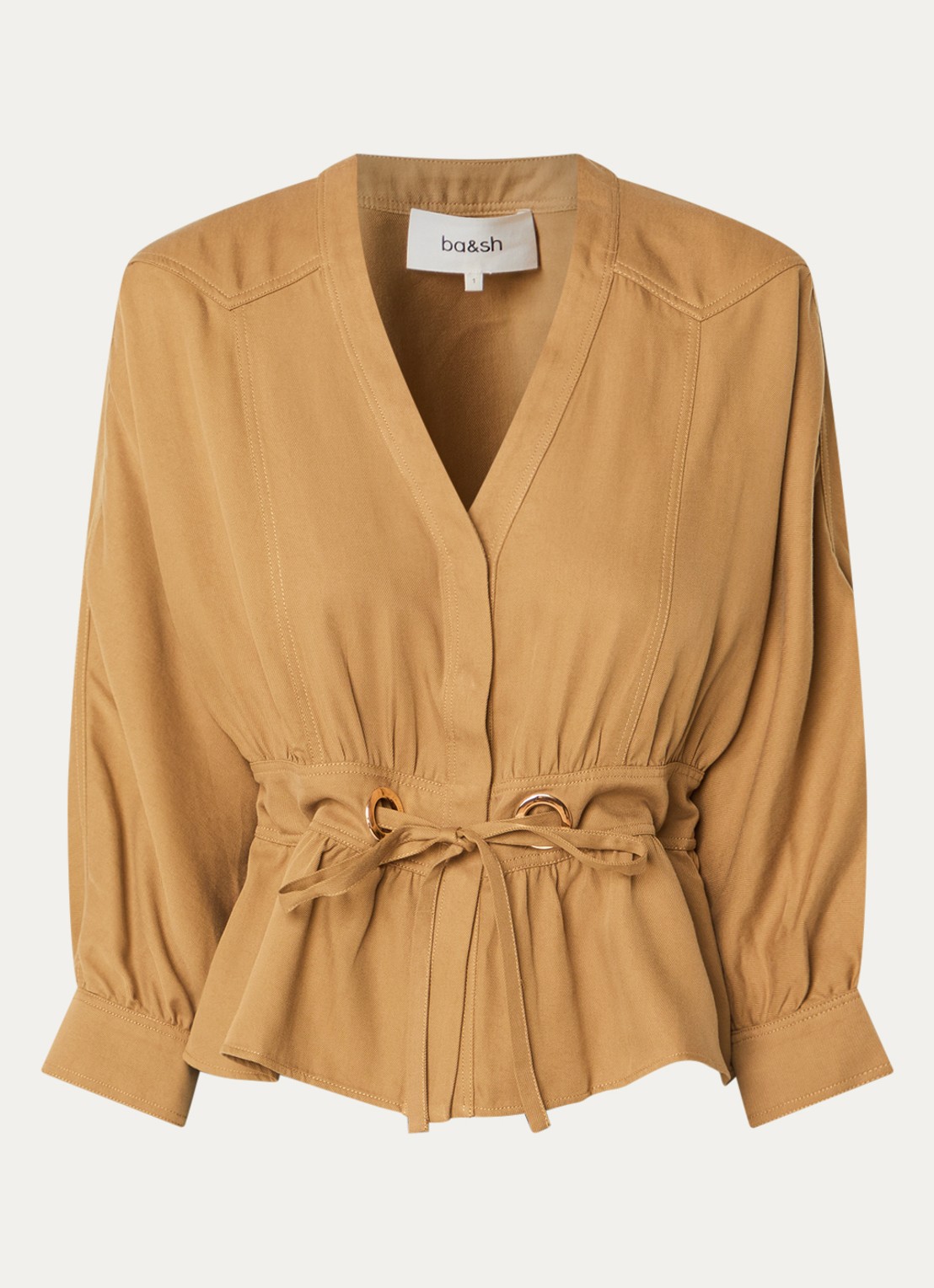 ba&sh Precilia blouse met strikceintuur - voorkant 3 camel