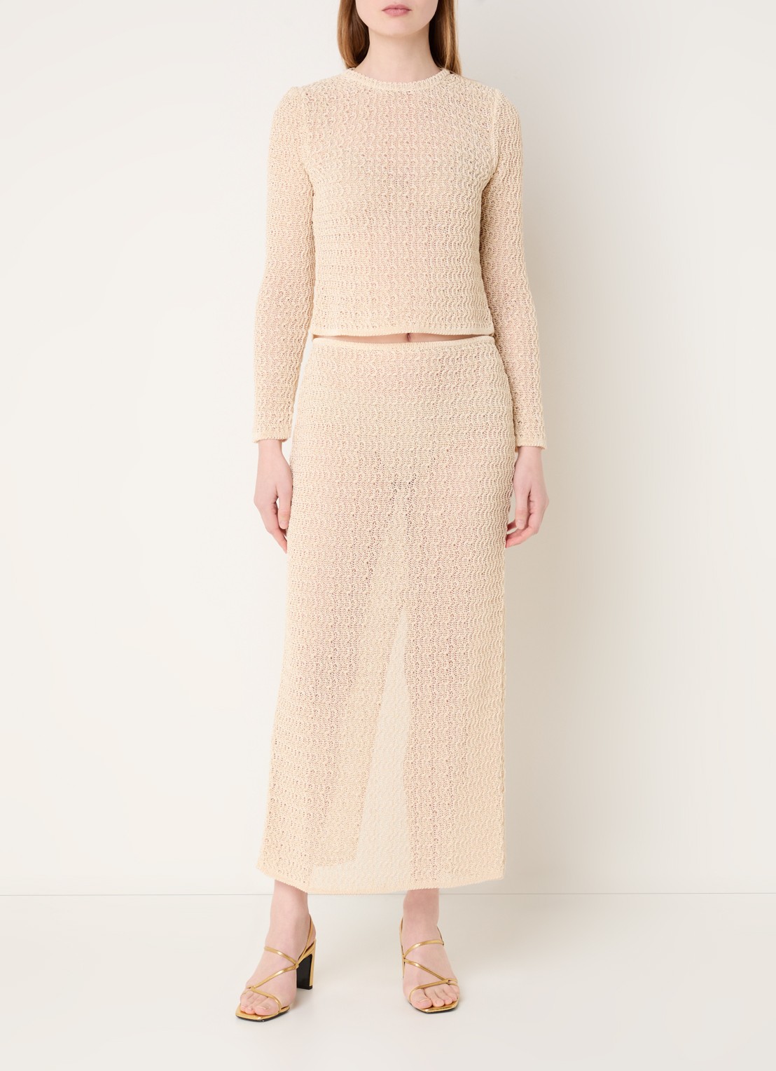 ba&sh Prettie grofgebreide semi-transparante maxi rok met split - voorkant 2 creme