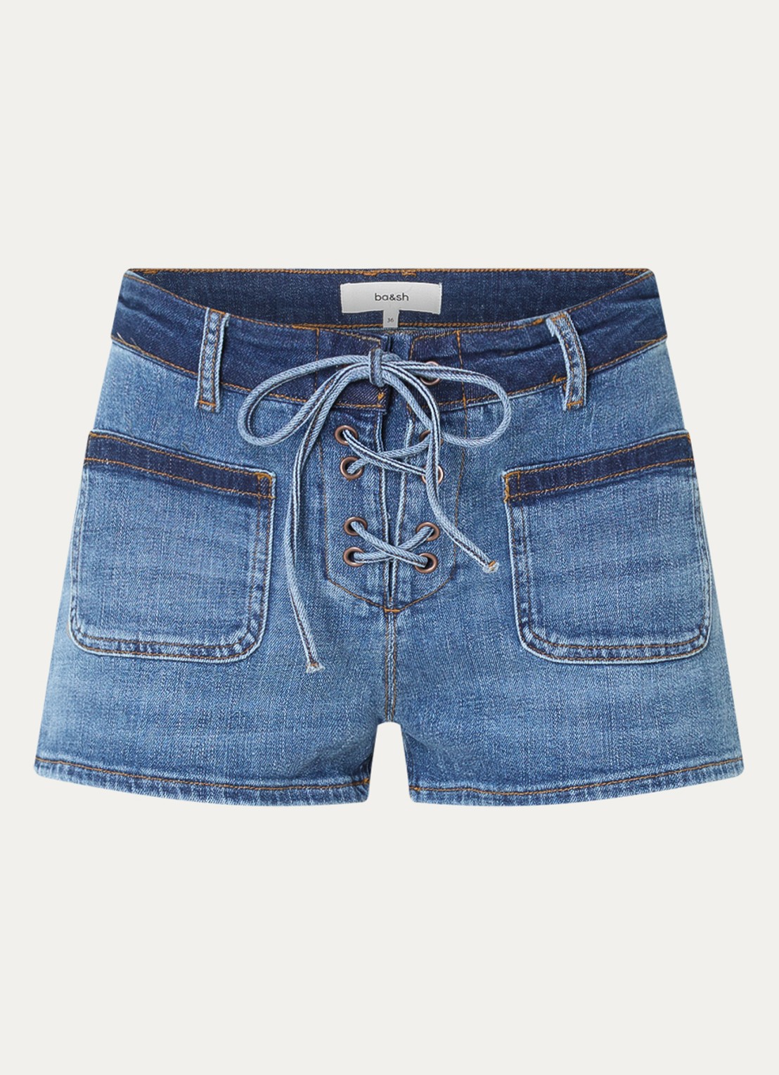 ba&sh Rio low waist straight fit korte broek van denim met opgestikte zakken  - voorkant indigo