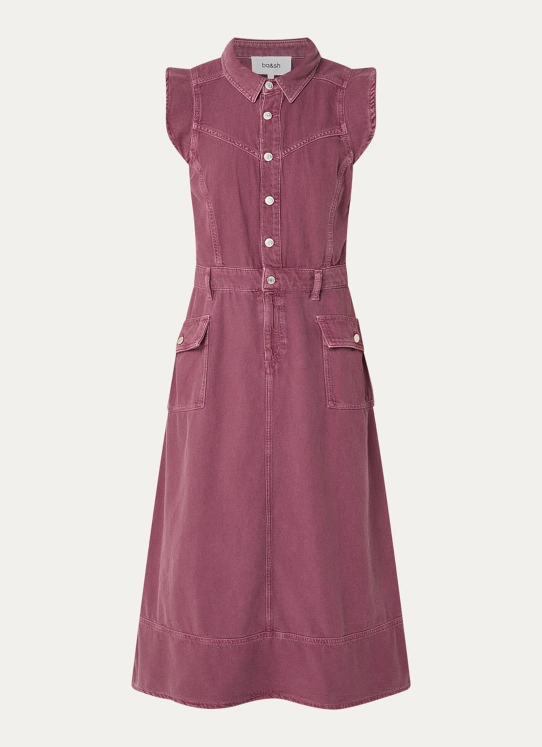 ba&sh Risol midi jurk van denim met klepzakken en volant - voorkant oudroze