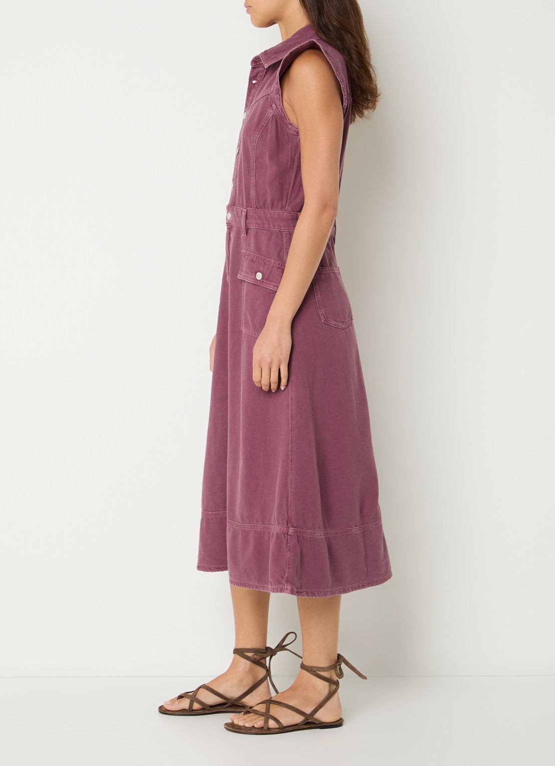 ba&sh Risol midi jurk van denim met klepzakken en volant - voorkant 2 oudroze