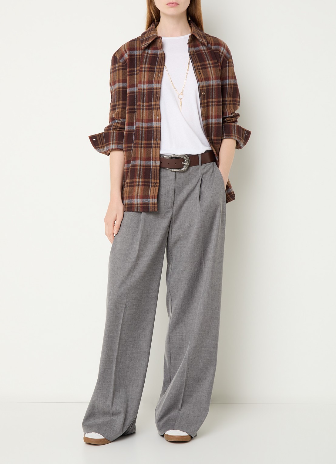 ba&sh Roxea blouse met ruitdessin - voorkant 4 roodbruin