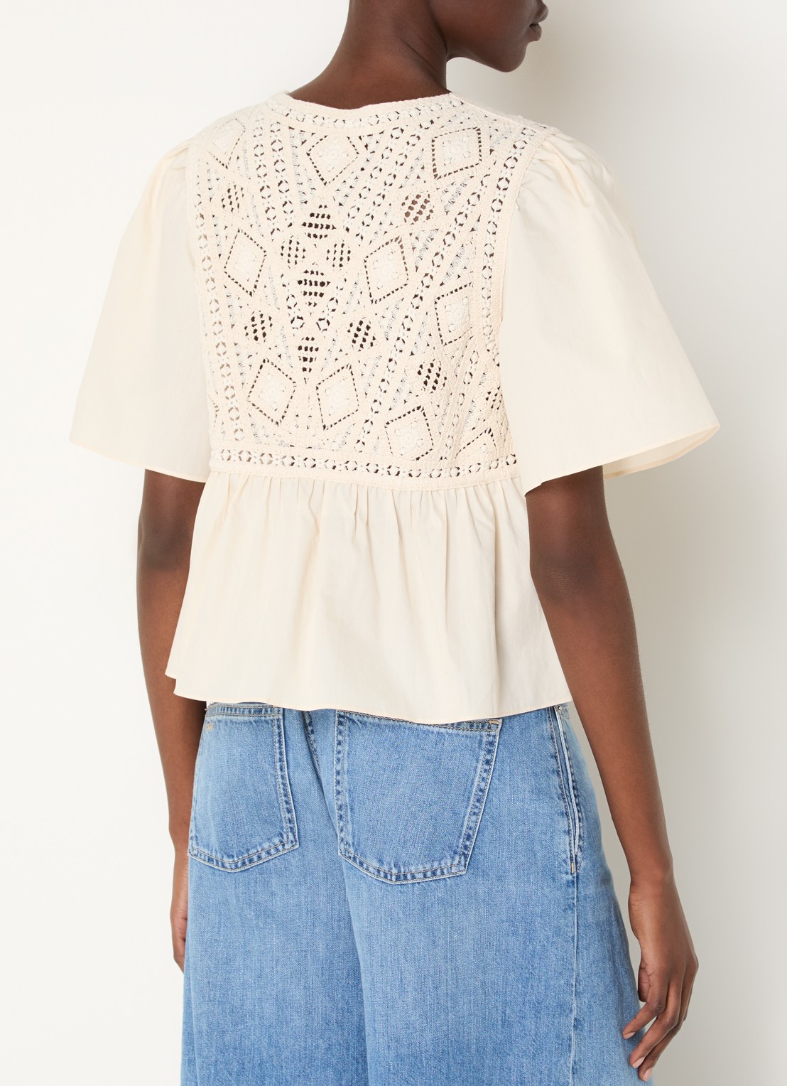 ba&sh Salvi tuniek met crochet en vlindermouw - achterkant 3 gebroken wit
