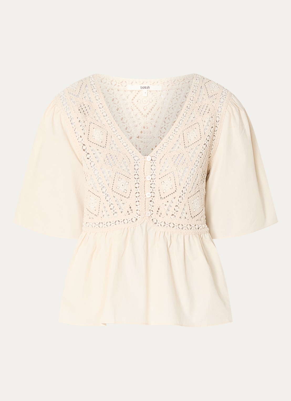 ba&sh Salvi tuniek met crochet en vlindermouw - voorkant gebroken wit