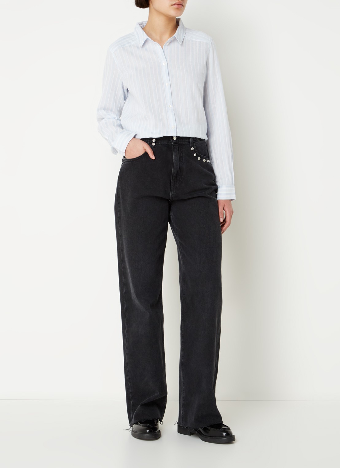 ba&sh Scherif blouse met streepprint - voorkant 3 lichtblauw
