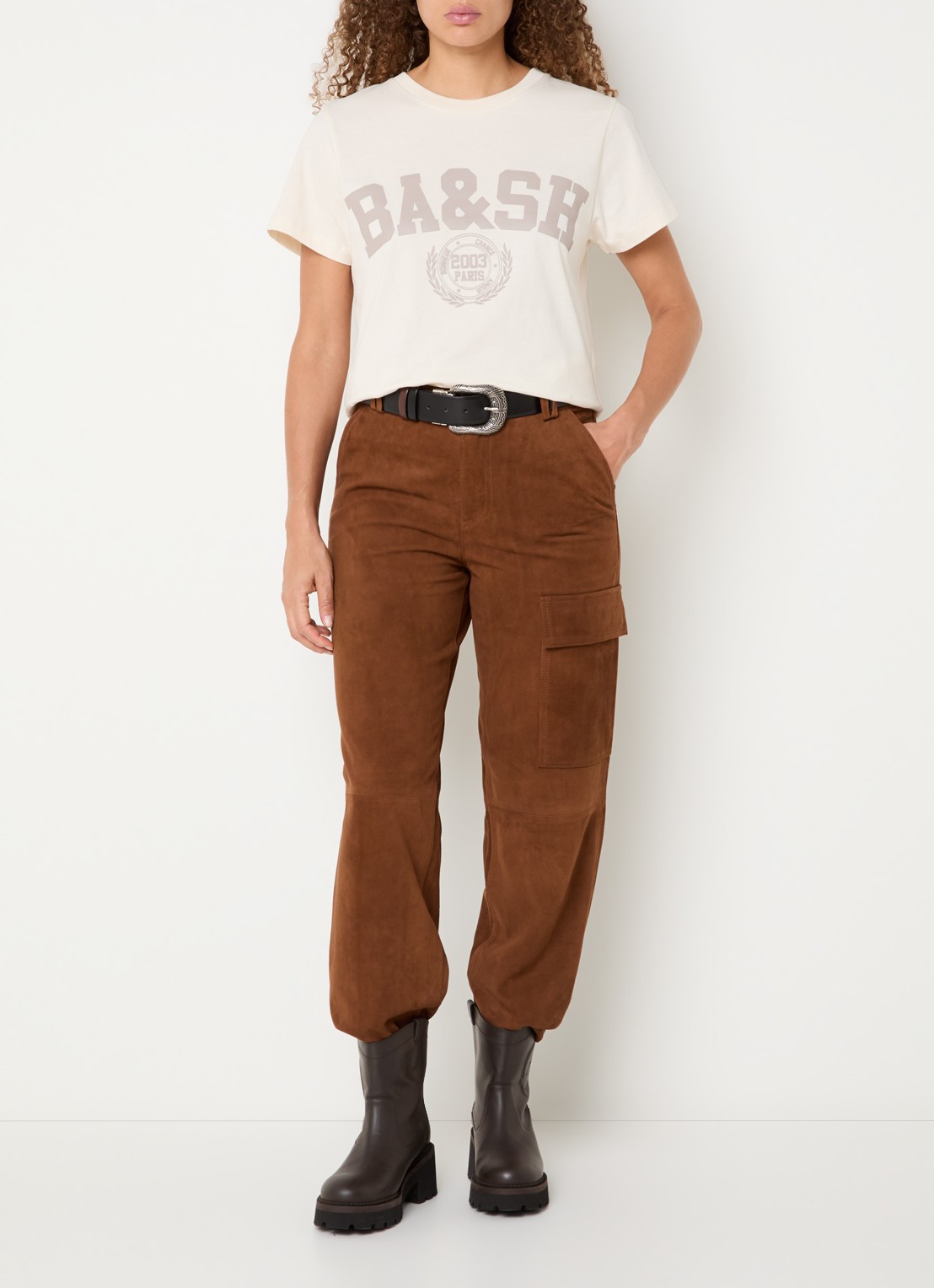 ba&sh Sita straight fit broek van suède met steekzakken - voorkant 3 cognac