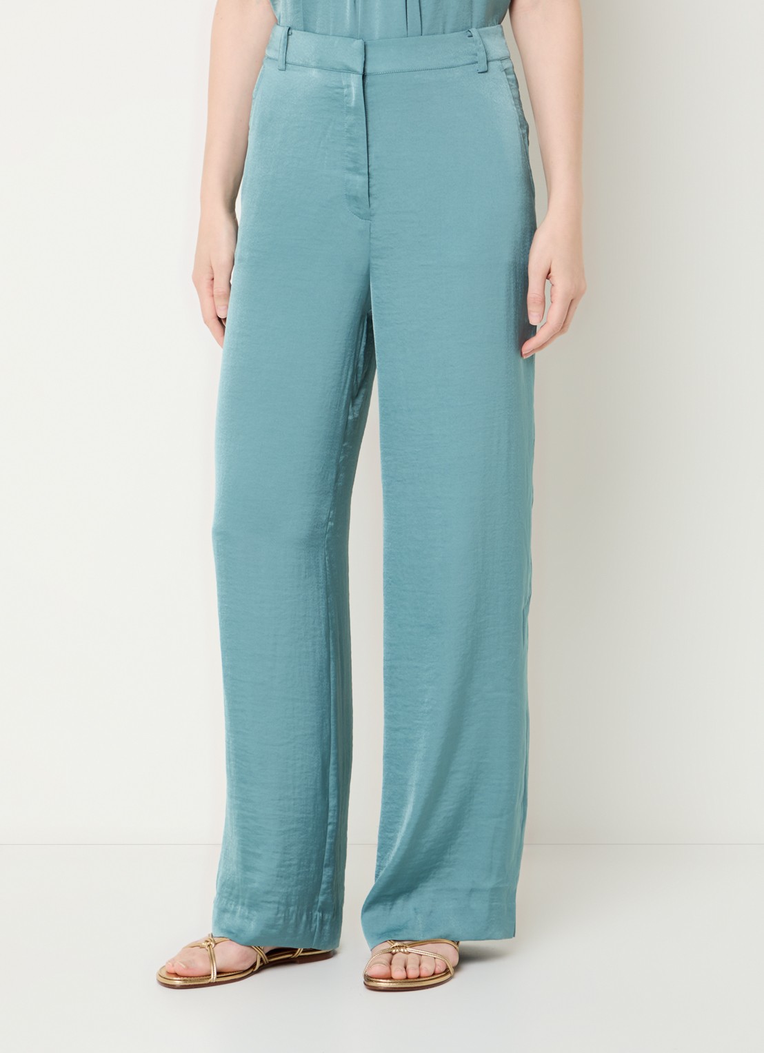 ba&sh Solveig high waist wide fit pantalon van satijn met steekzakken - detail 4 zeegroen
