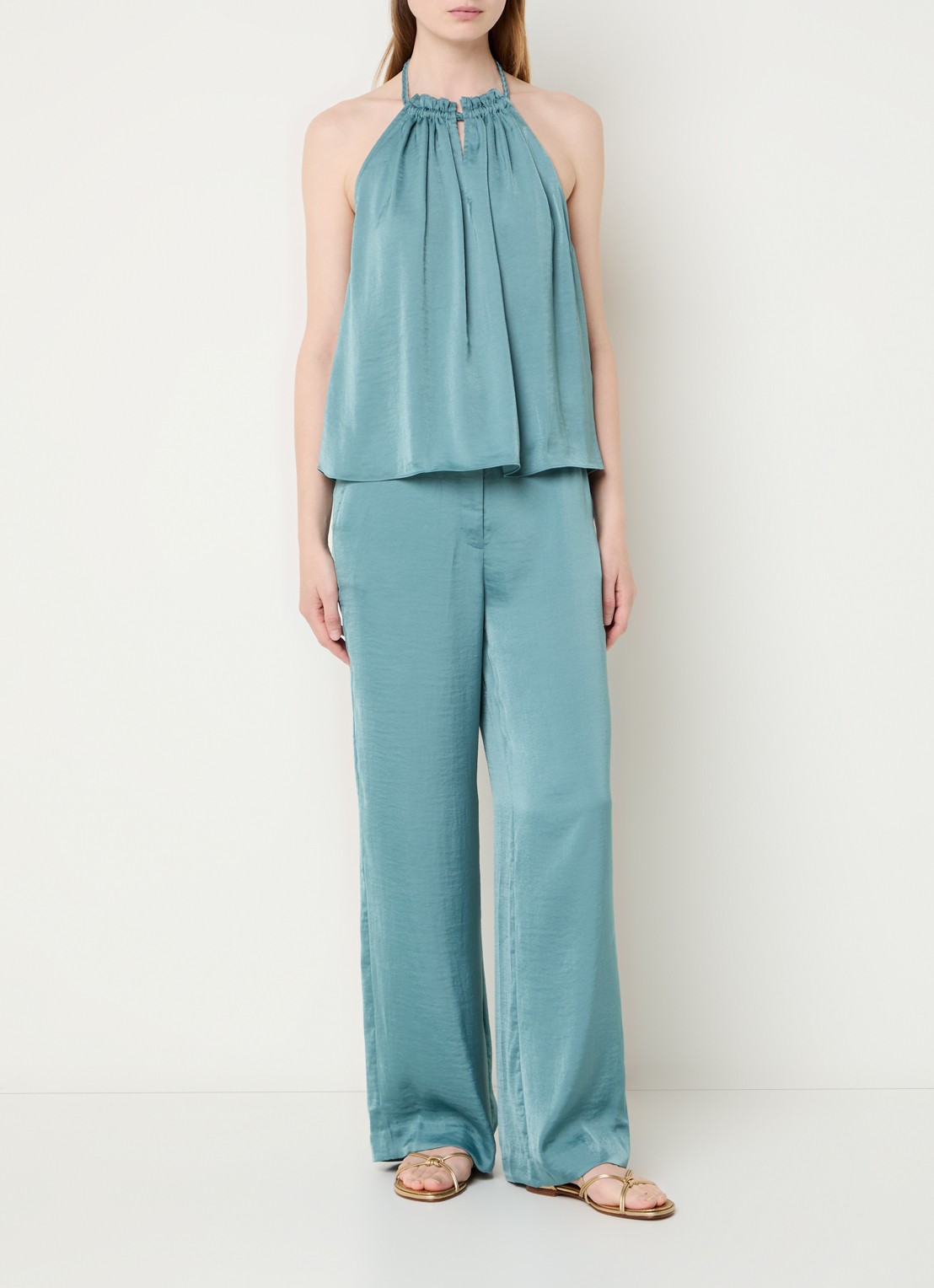 ba&sh Solveig high waist wide fit pantalon van satijn met steekzakken - voorkant 3 zeegroen
