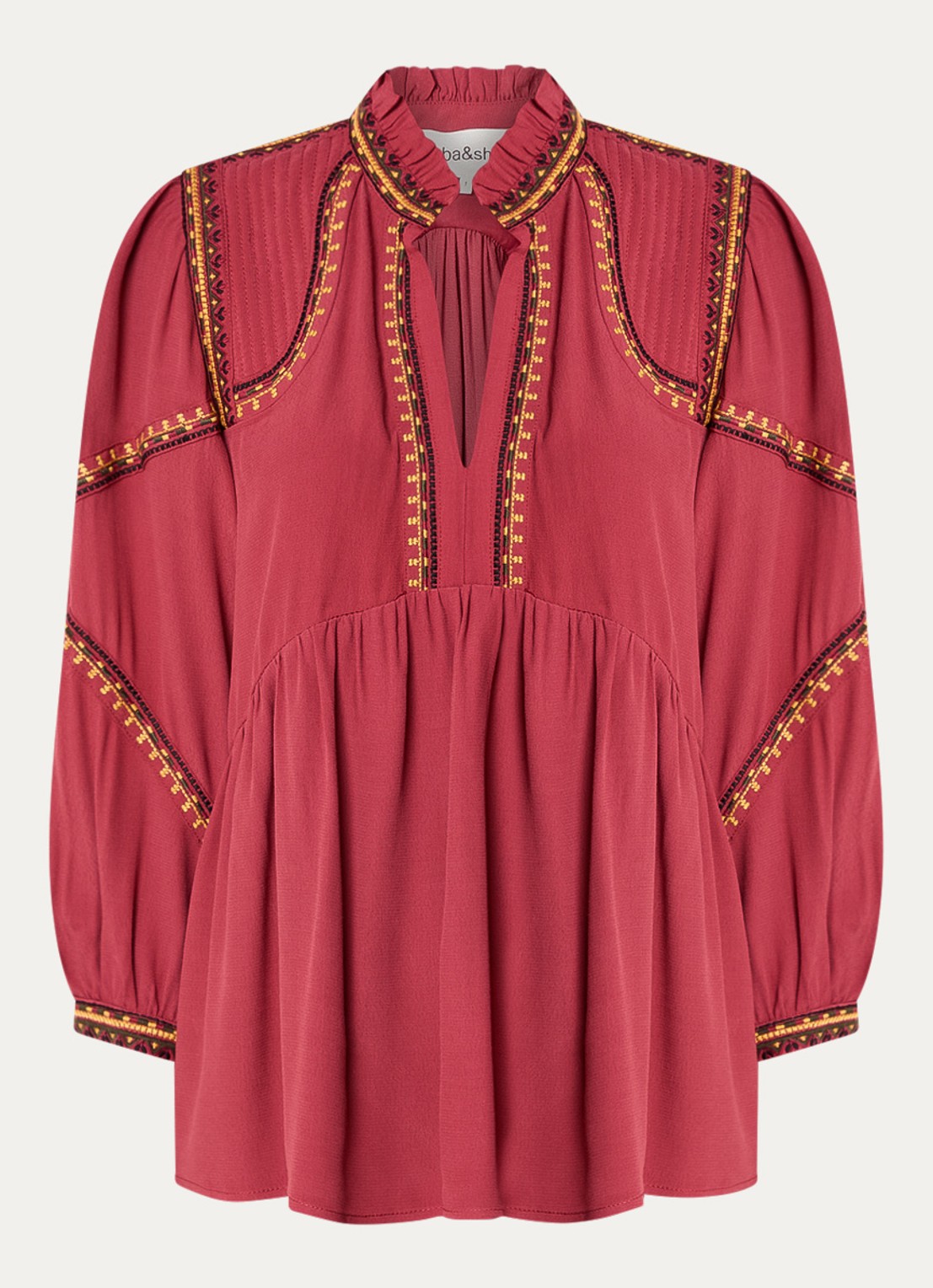 ba&sh Talsie tuniek met borduring en ruches - voorkant 3 donkerrood