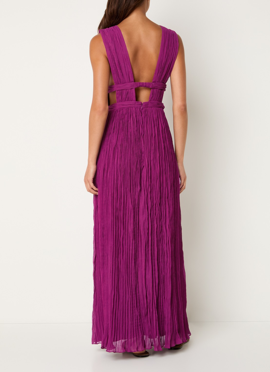 ba&sh Tania maxi jurk met plissé en V-hals - achterkant 4 fuchsia