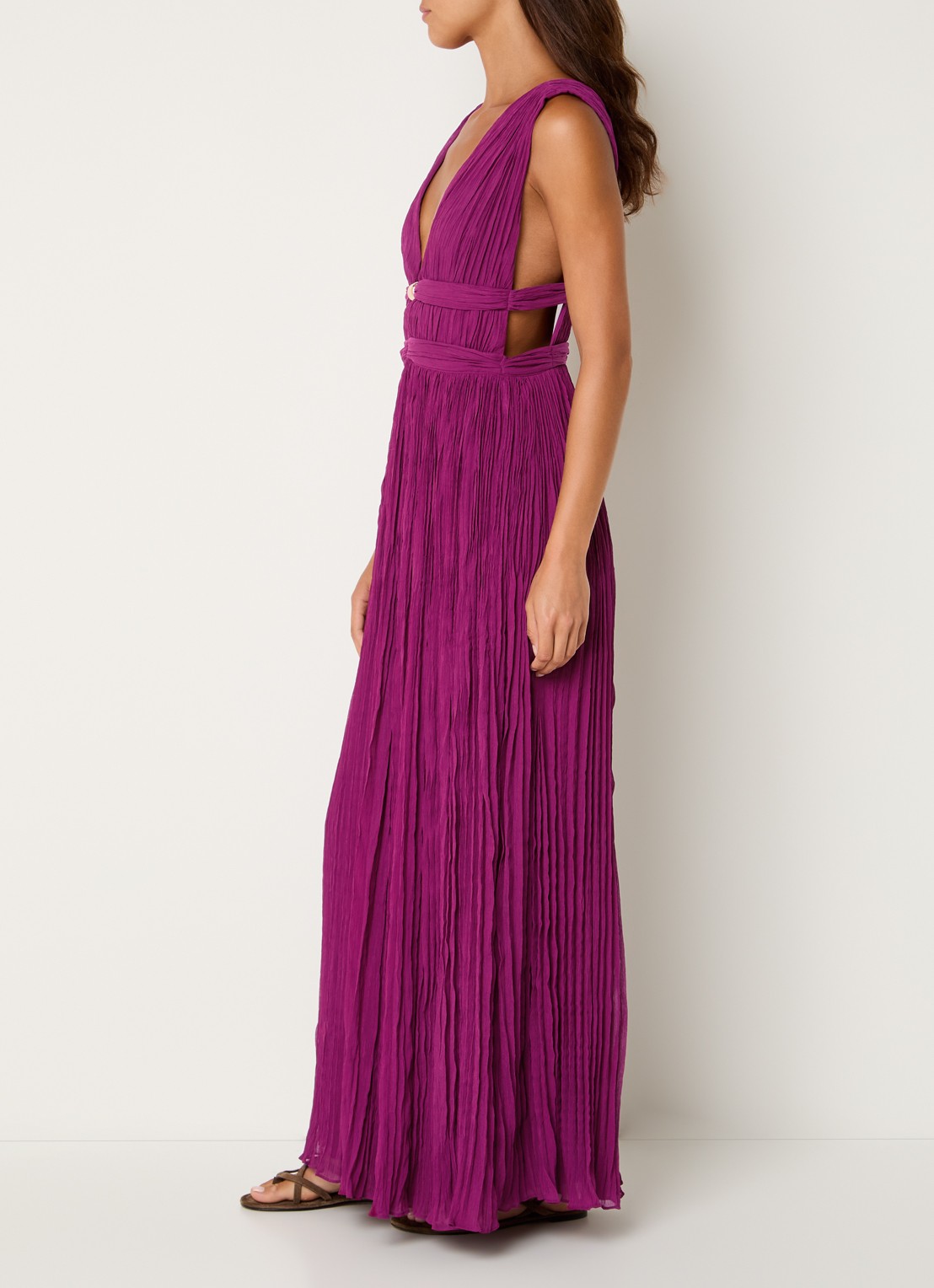 ba&sh Tania maxi jurk met plissé en V-hals - voorkant 2 fuchsia