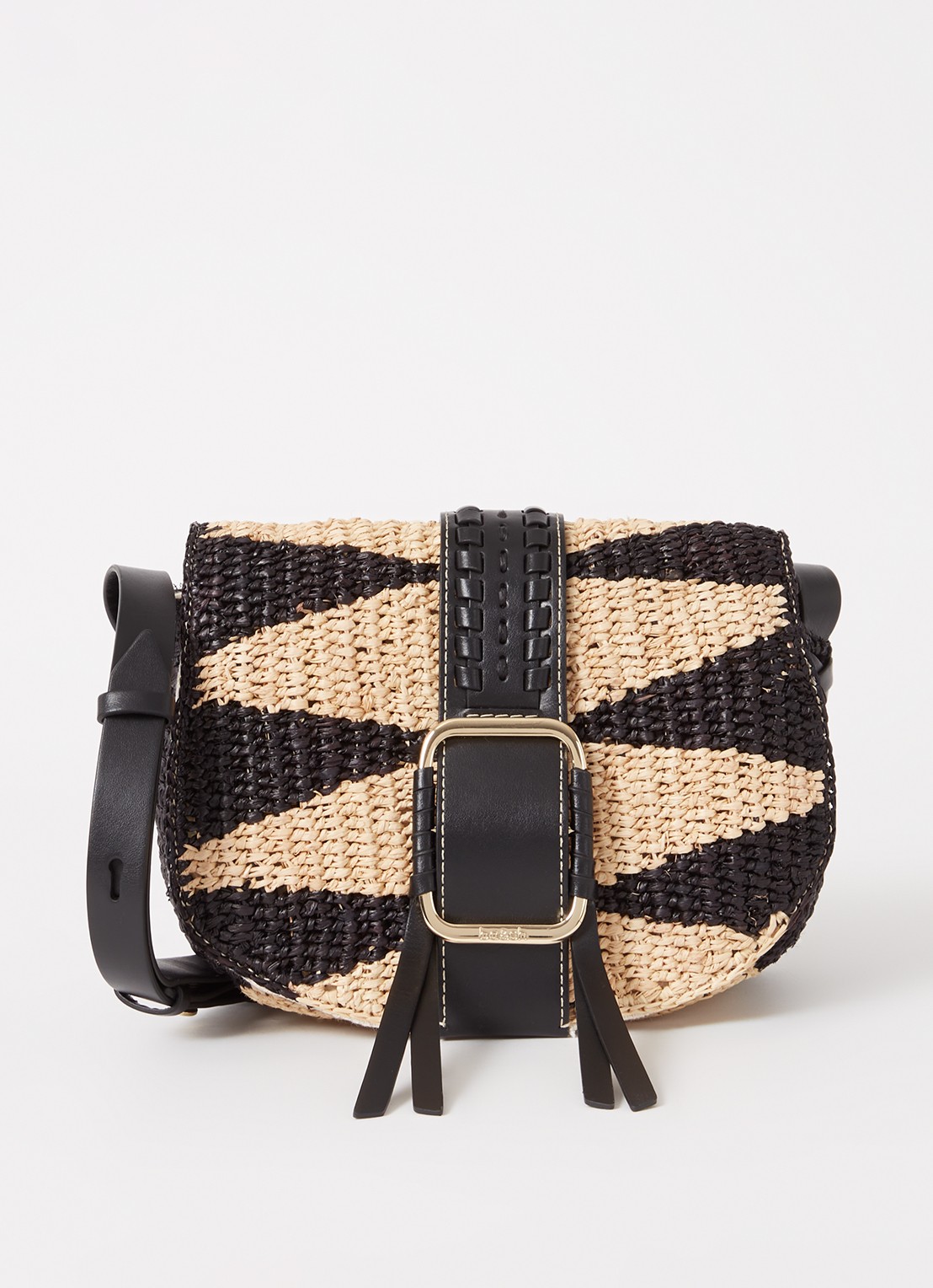 ba&sh Teddy crossbodytas van raffia met leren details - voorkant zwart