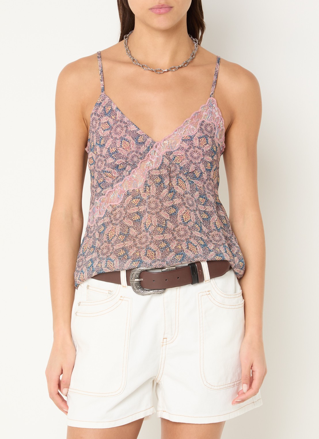 ba&sh Tizy semi-transparante top met print en details van kant - detail 2 oudroze