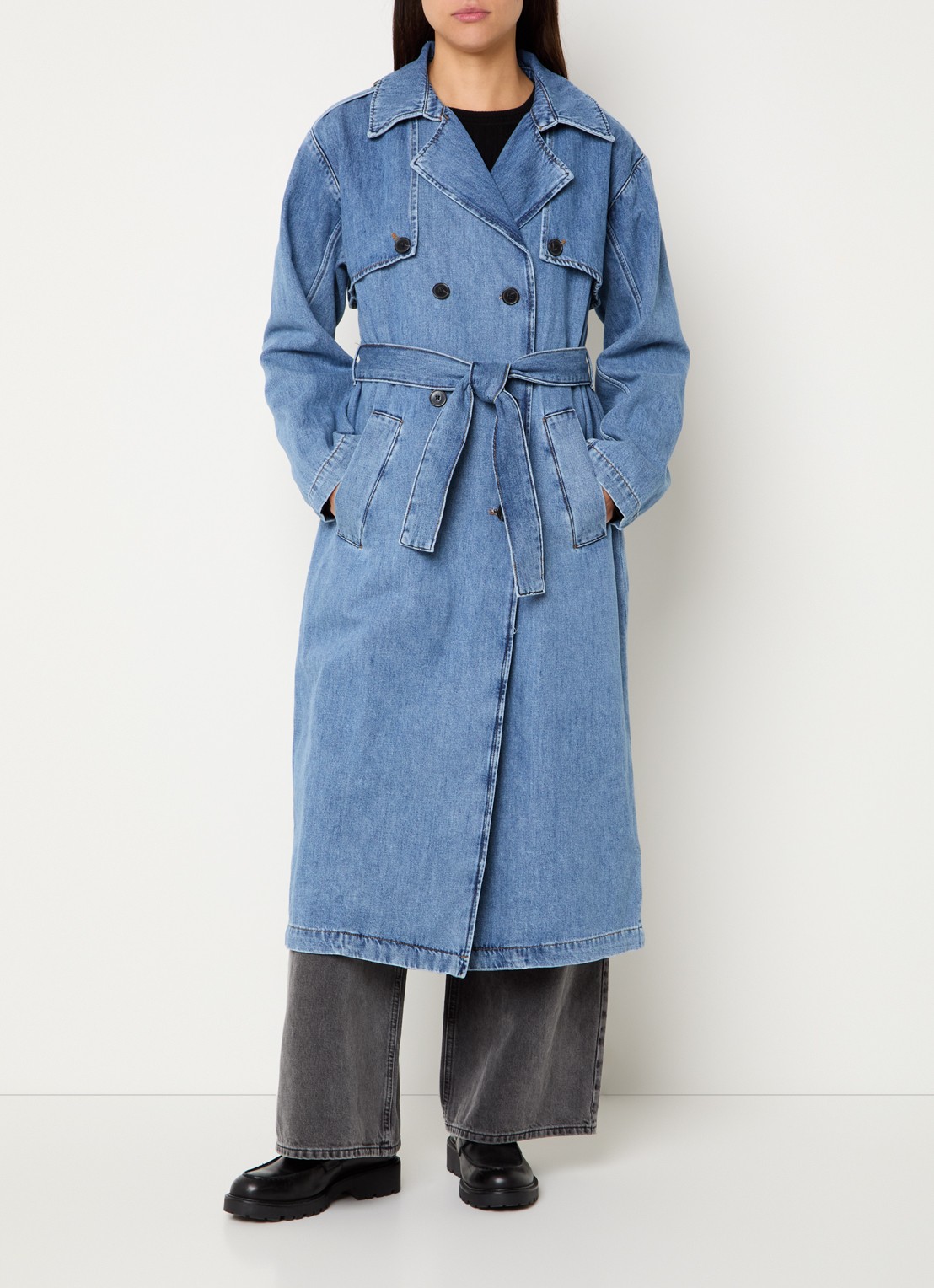 ba&sh Tresca double-breasted trenchcoat van denim met ceintuur - detail indigo