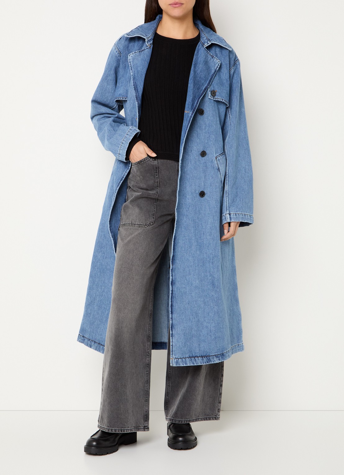 ba&sh Tresca double-breasted trenchcoat van denim met ceintuur - voorkant 3 indigo