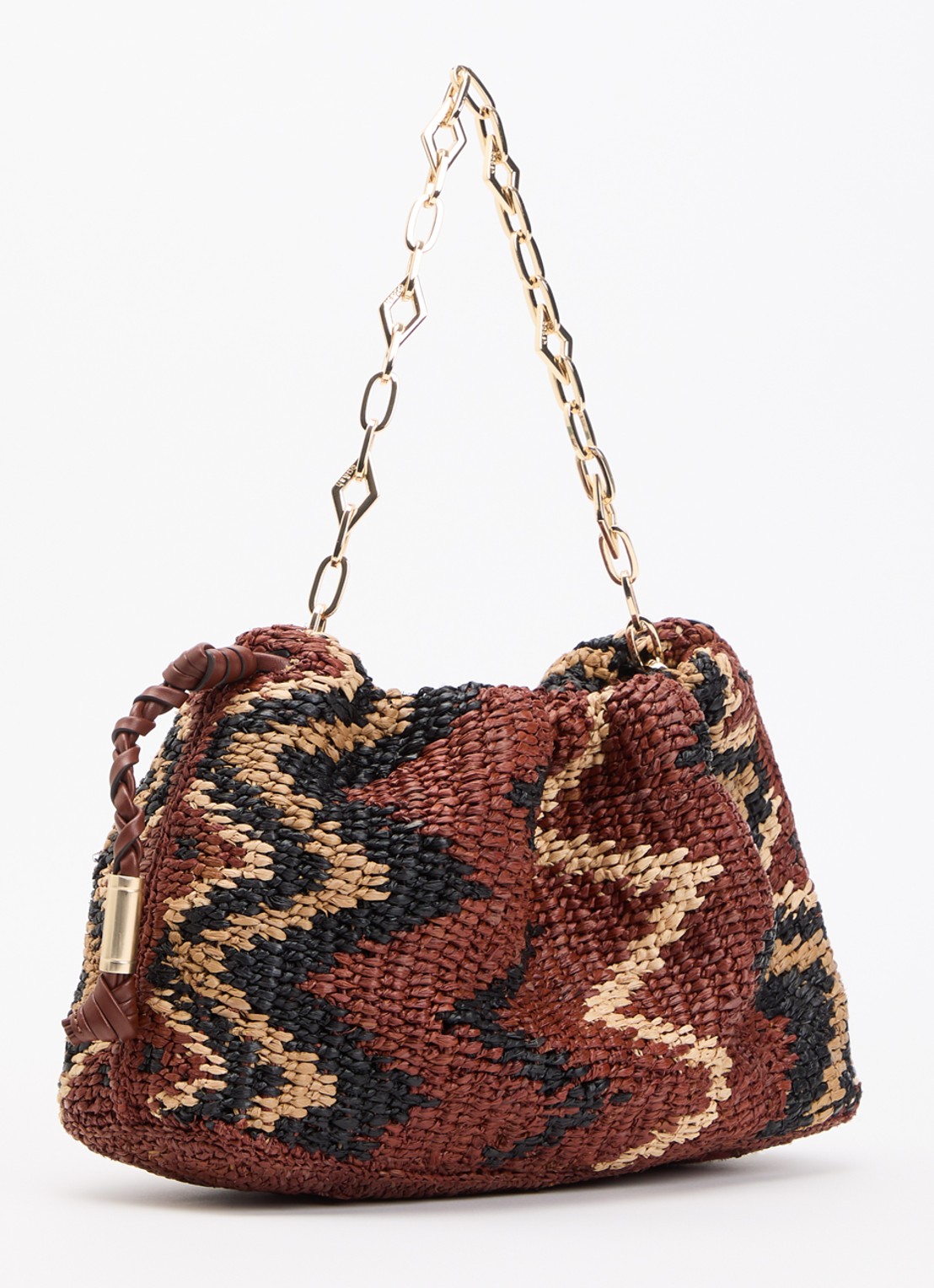 ba&sh Tribal June schoudertas van raffia met print - achterkant 5 roodbruin