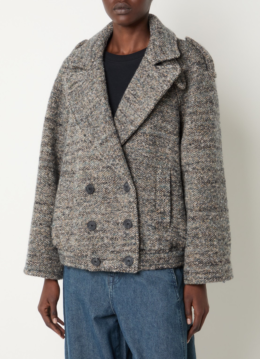 ba&sh Tristana double-breasted mantel in wolblend met gemêleerd dessin - detail taupe