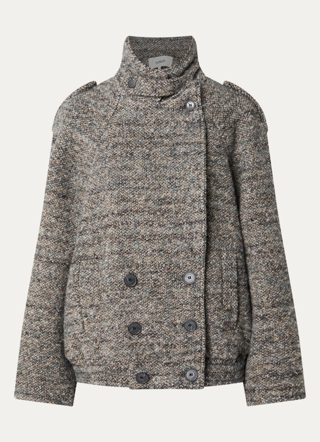 ba&sh Tristana double-breasted mantel in wolblend met gemêleerd dessin - voorkant 3 taupe