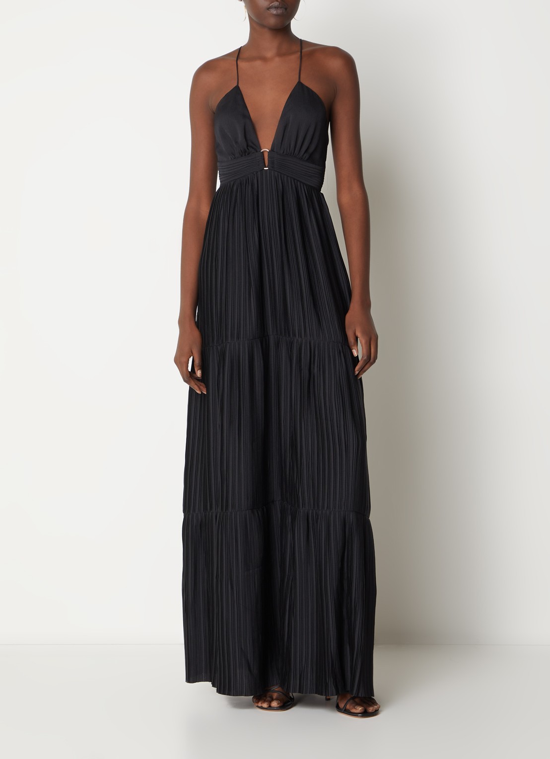 ba&sh Wasta maxi jurk met rugdecolleté en plissé - detail zwart