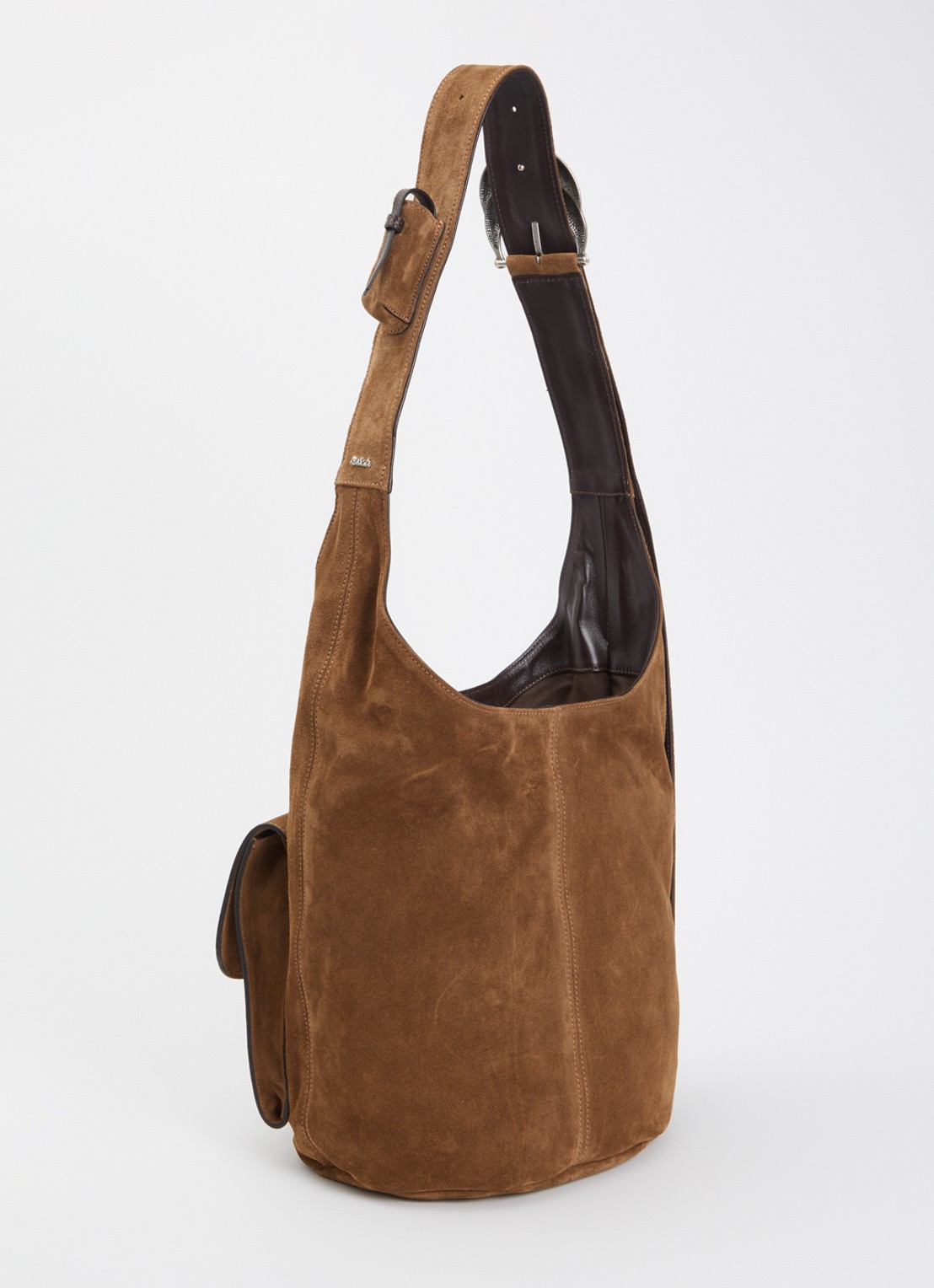 ba&sh YouYou crossbodytas van kalfssuède met verstelbare schouderriem - achterkant cognac