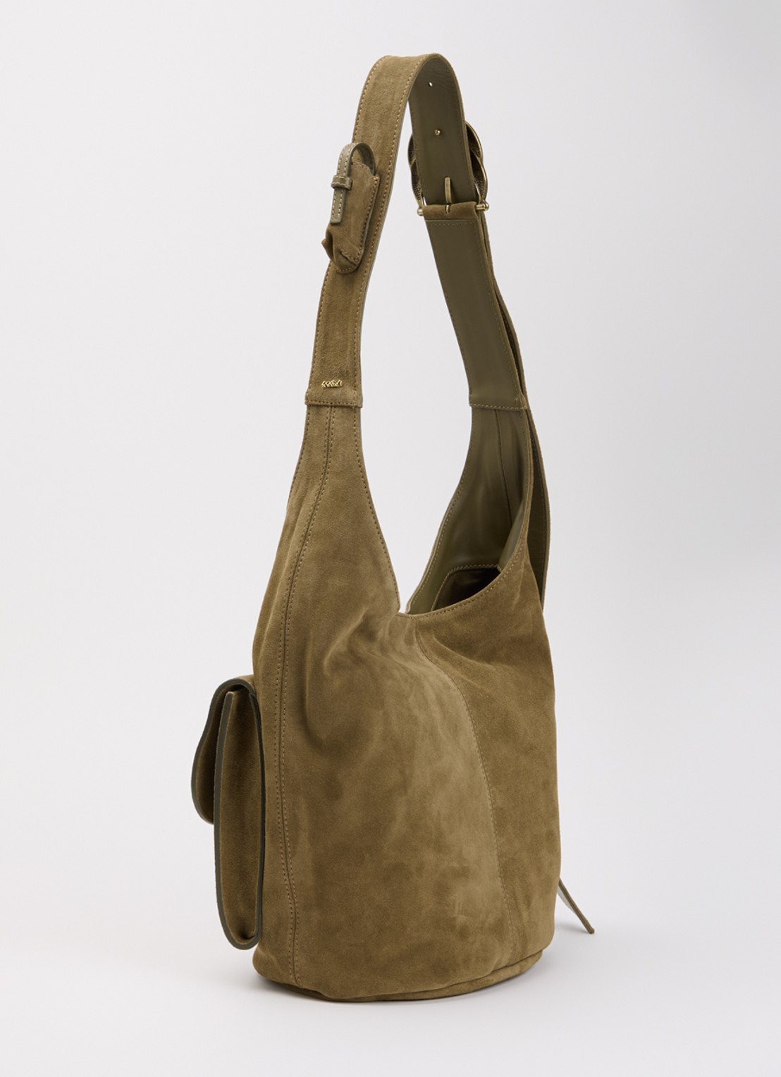ba&sh YouYou crossbodytas van kalfssuède met verstelbare schouderriem - achterkant khaki