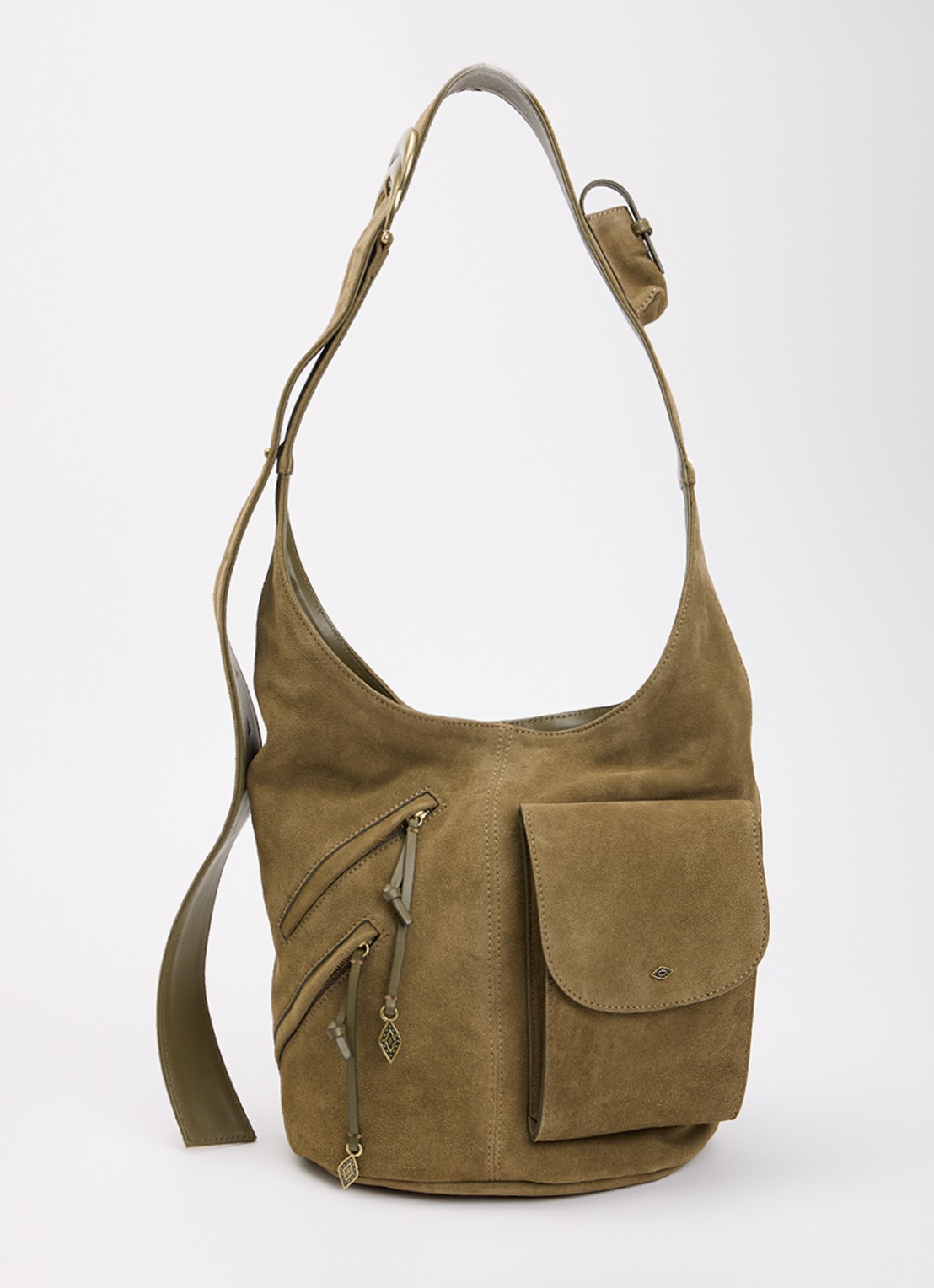 ba&sh YouYou crossbodytas van kalfssuède met verstelbare schouderriem - voorkant 2 khaki