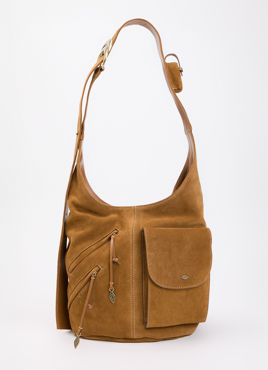 ba&sh YouYou crossbodytas van kalfssuède met verstelbare schouderriem - voorkant 5 camel