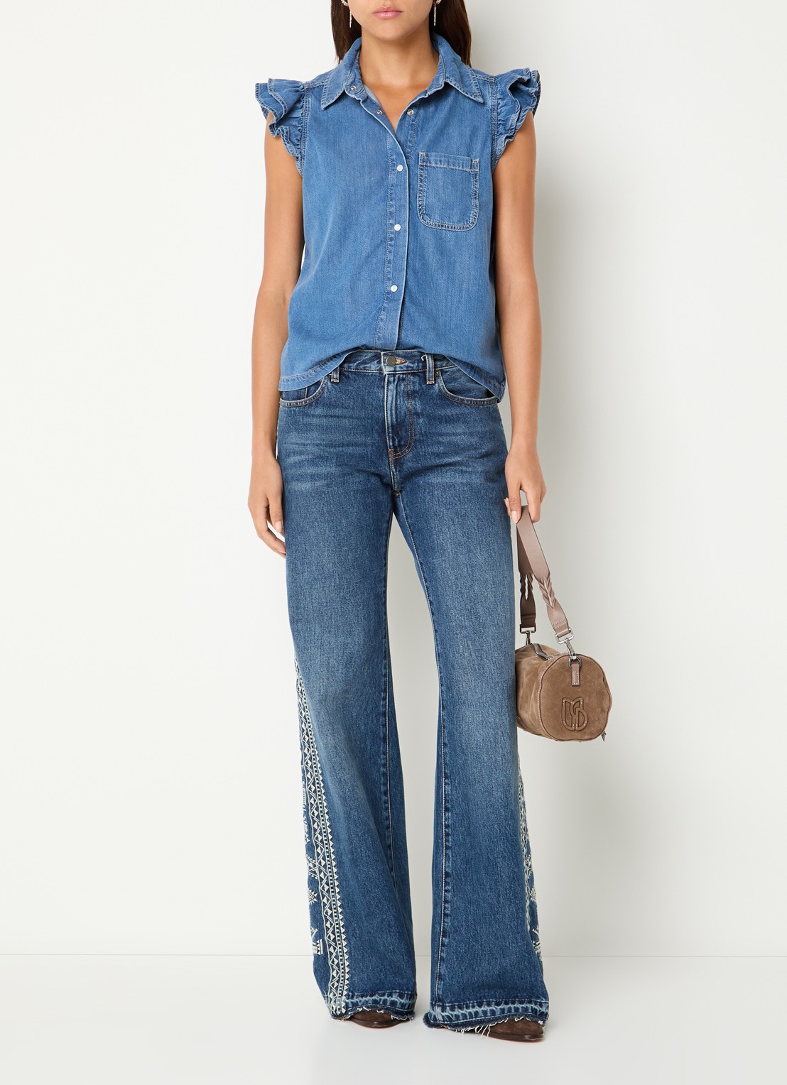 ba&sh Yoyo blouse van denim - voorkant 2 blauwgrijs