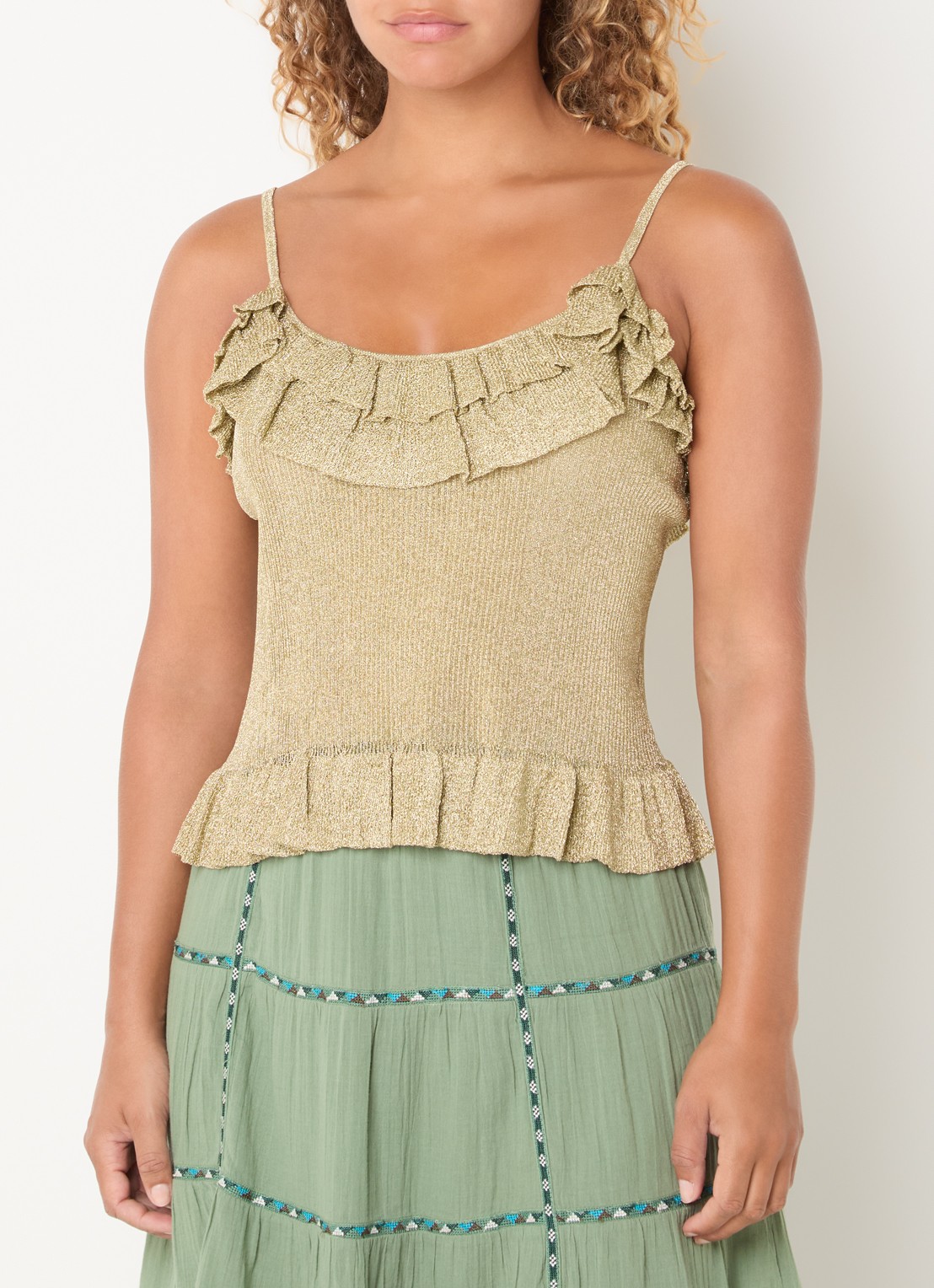 ba&sh Zaria spaghettitop met lurex en volant - detail 3 goud