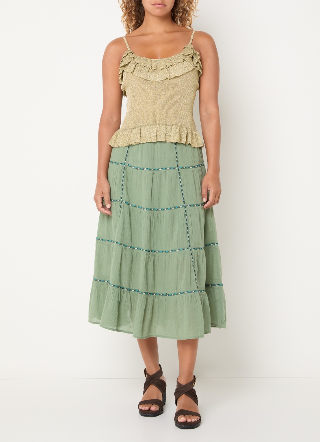 ba&sh Zaria spaghettitop met lurex en volant - voorkant 2 goud