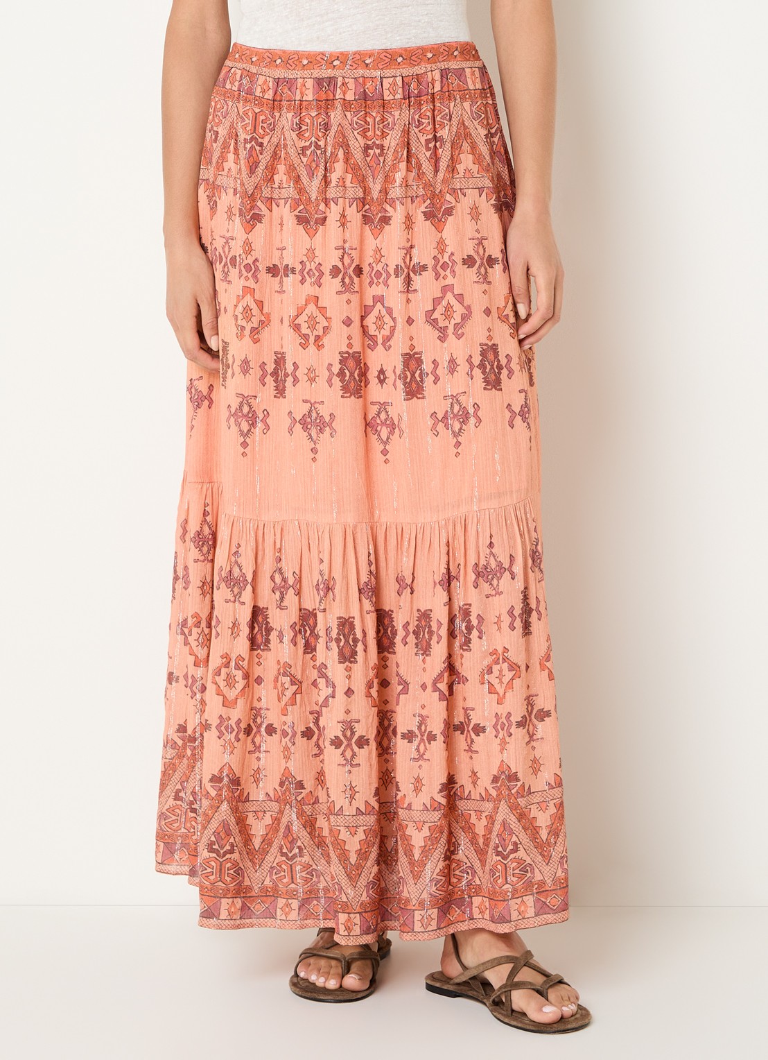 ba&sh Zaya maxi rok met lurex en print - detail 4 abrikoos