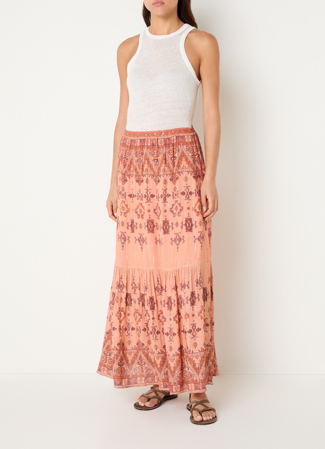 ba&sh Zaya maxi rok met lurex en print - voorkant 3 abrikoos
